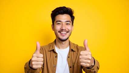 Smiling young man gives double thumbs up against vibrant yellow background, expressing positivity and approval. A joyful and optimistic image.