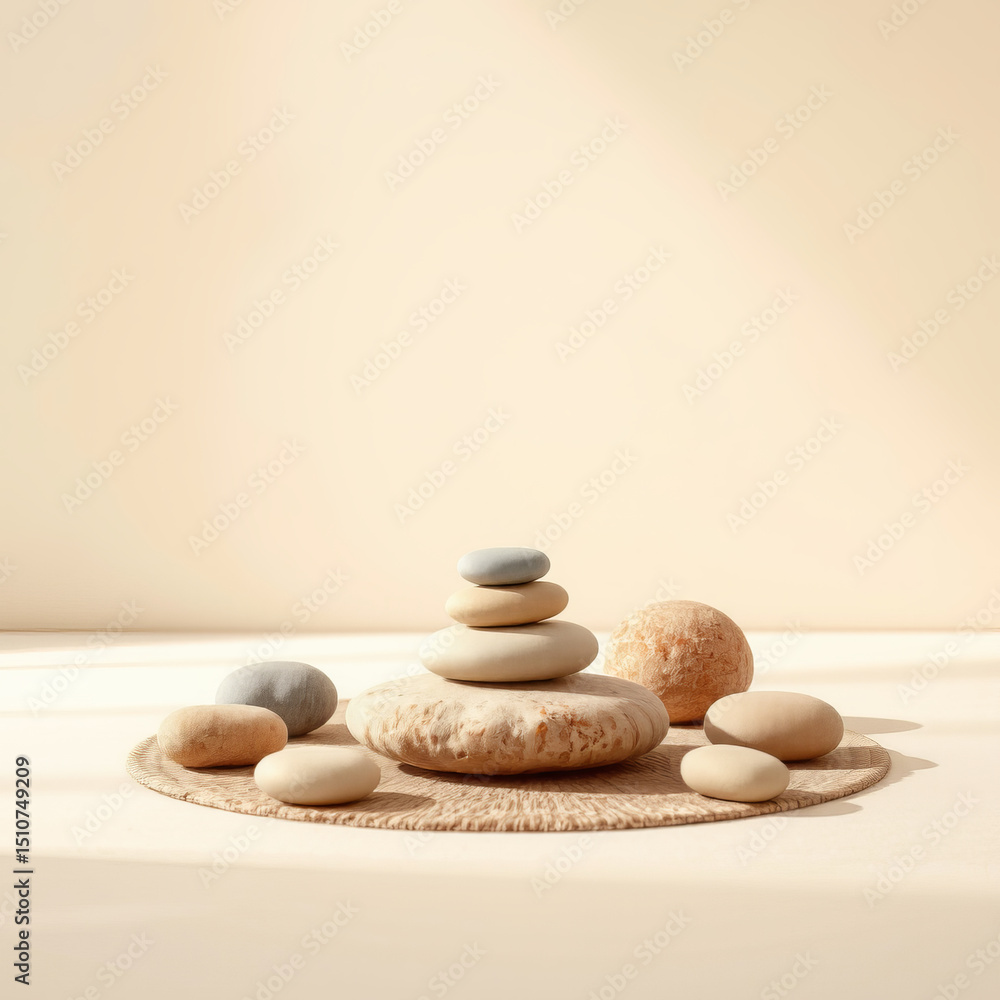 Poster stacked smooth stones on round mat in soft light creating calm and peaceful atmosphere