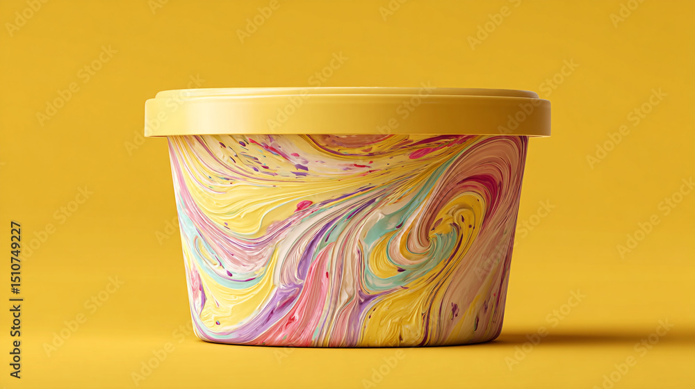 Poster a container with a yellow lid and a swirled colorful design on a yellow background in a studio shot