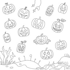 Black and white line art collection of various carved jack o lantern pumpkins for halloween