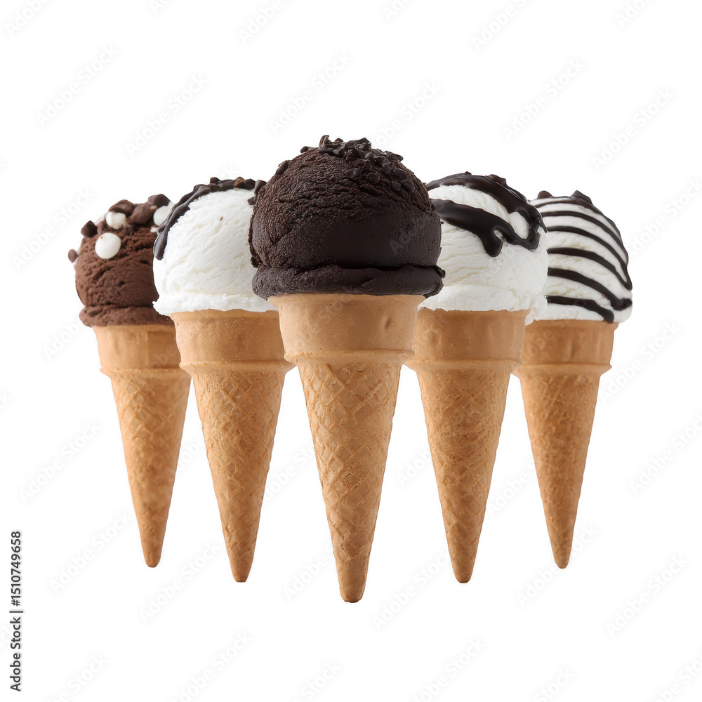 Aufkleber five ice cream cones with chocolate and vanilla scoops are arranged row, featuring various toppings 