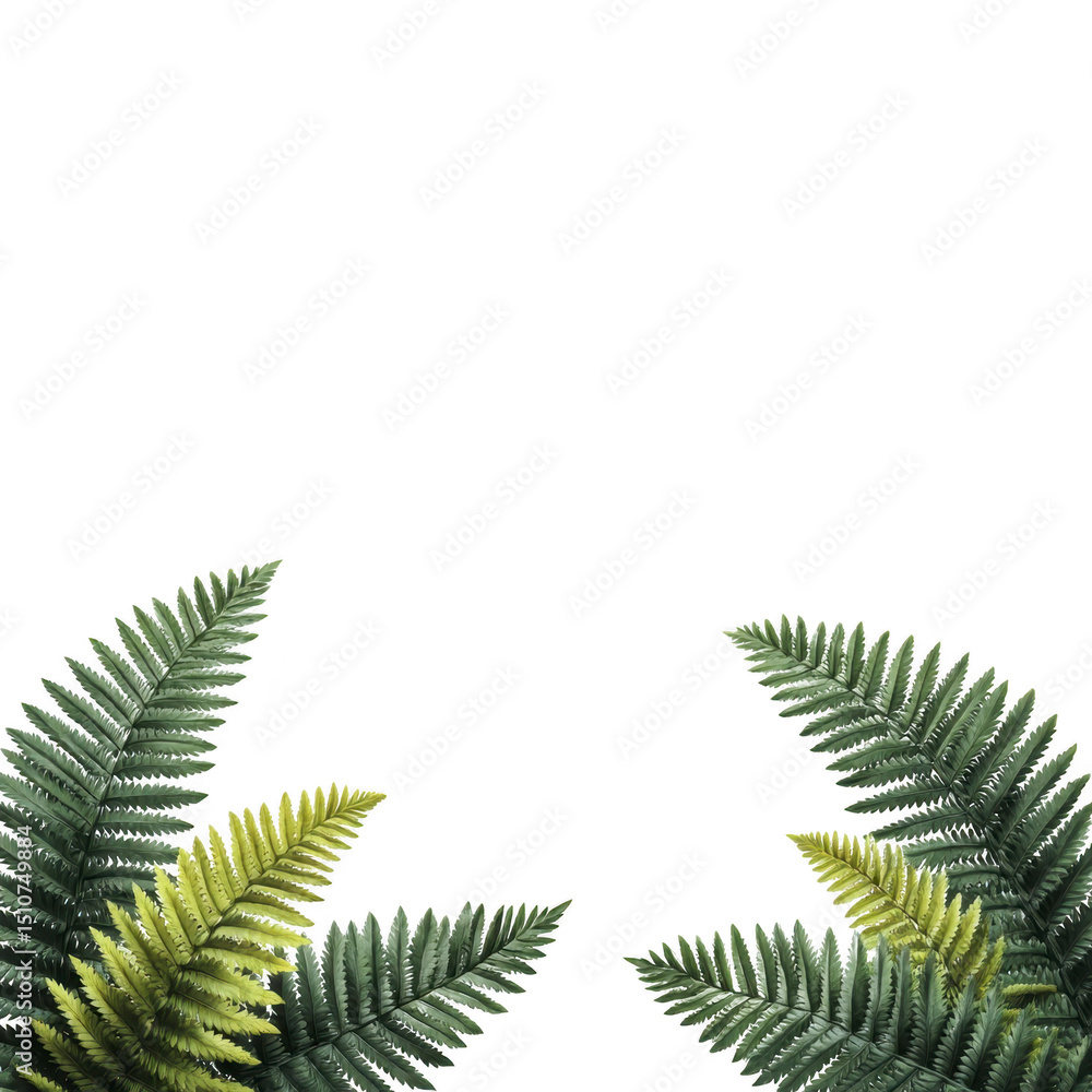 Poster lush green fern leaves frame corners of image, creating natural and vibrant border. leaves display g