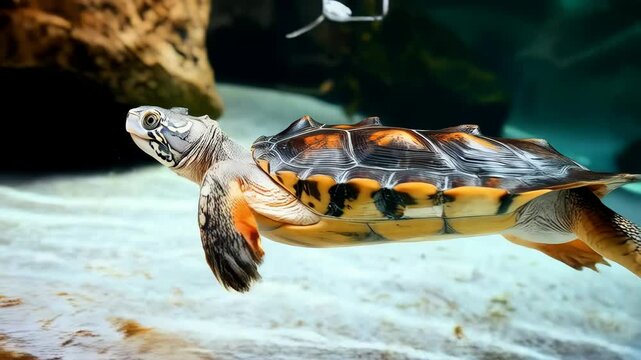 Underwater view showcasing a turtle swimming in an aquarium, displaying detailed shell and face features, creating a serene aquatic scene