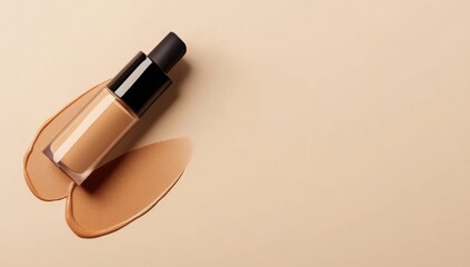 Obraz premium a cosmetic product swatch with liquid foundation on a beige background, close-up shot. Web banner with copy space