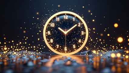 Abstract digital clock with glowing particles and futuristic neon light effects in a modern technology design