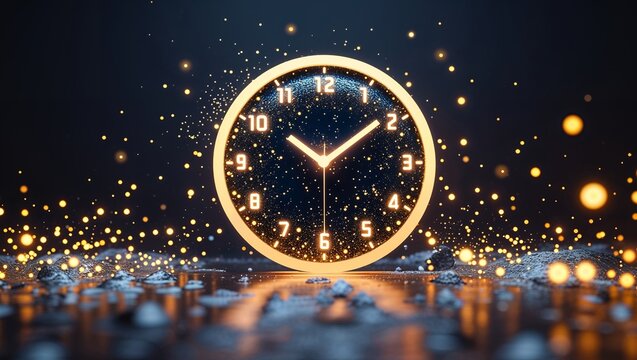 Abstract digital clock with glowing particles and futuristic neon light effects in a modern technology design