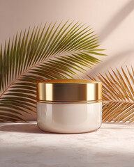 Cream jar with golden lid and palm leaves against a light pink backdrop for a cosmetic advertisement