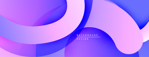 Abstract fluid shapes blend, creating vibrant purple, blue, pink gradients. Modern design evokes movement, energy, smoothness.
