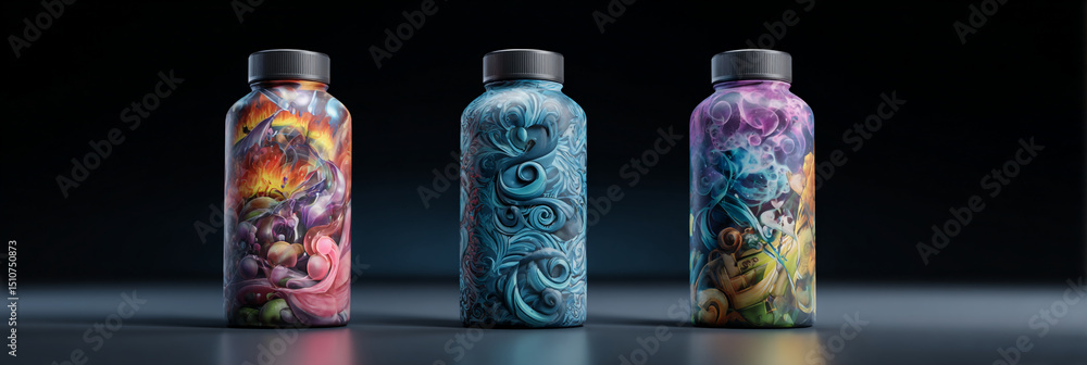 Poster three bottles with colorful abstract designs standing on a reflective surface against a dark backgro