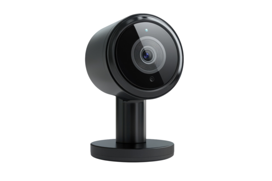 Securing your peace of mind with a sleek black security camera watching over your home day and on transparent background