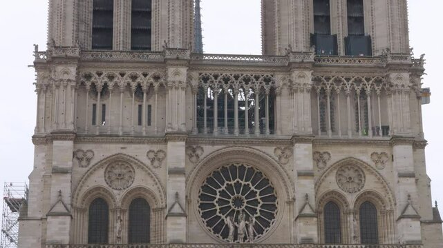 View on the medieval Catholic cathedral church Notre-Dame de Paris in French Gothic style on the island Ile de la Cite, 4th arrondissement of Paris, France.