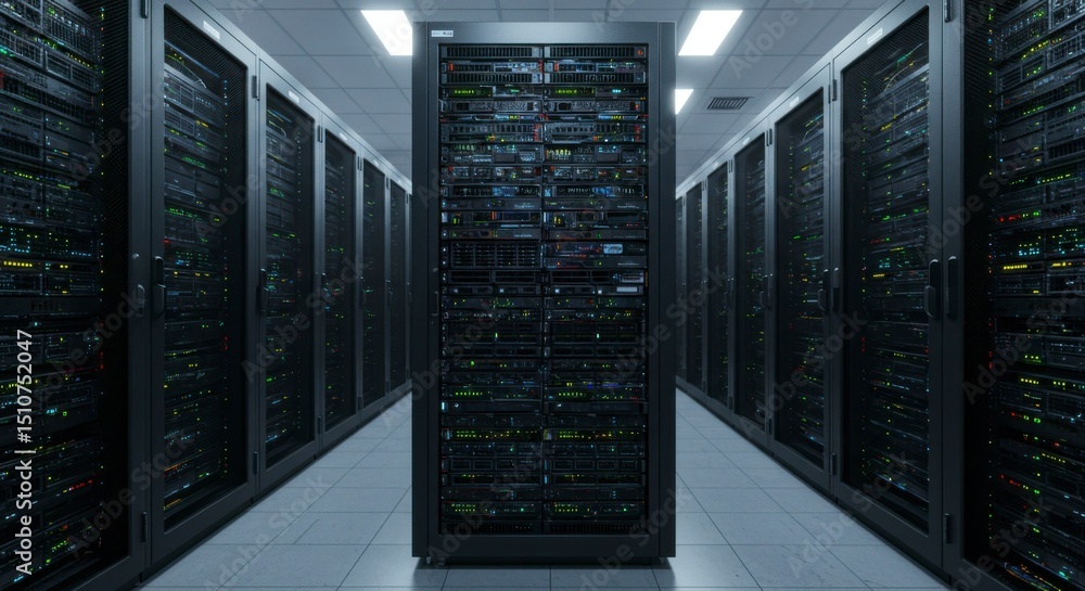 Poster rows of sleek server racks fill a modern data center, showcasing advanced technology and digital inf