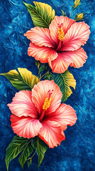 Hibiscus blossoms, in shades of pink and orange, are presented vertically. They are accompanied by vibrant green leaves against a textured blue backdrop.