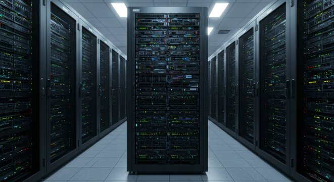 Rows of sleek server racks fill a modern data center, showcasing advanced technology and digital infrastructure
