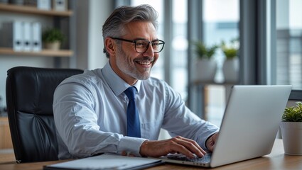 Mature businessman working on laptop