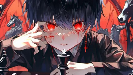 Flame of the Mind: The Chess Demon. Close up. Anime Man with red eyes plays chess. Web banner for anime, manga