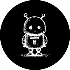 Stylized robot illustration against a stark black background, evoking futuristic charm