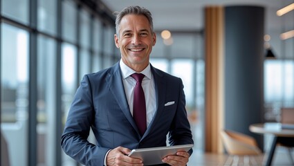 Fototapeta premium Smiling businessman holding tablet in office
