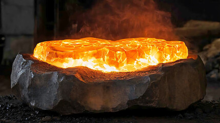 Glowing Molten Metal in a Stone Mold at a Foundry