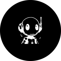 Monochrome stylized character with headphones in a circular frame design