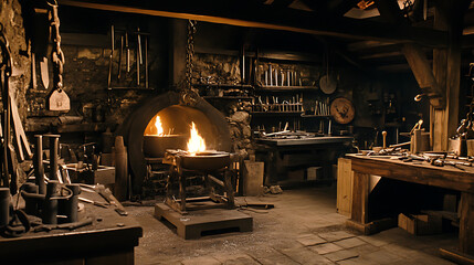 Traditional Blacksmith Workshop with Glowing Forge and Tools