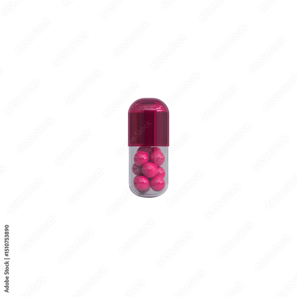 Poster single transparent capsule containing small pink spheres is centered on transparency background, sho