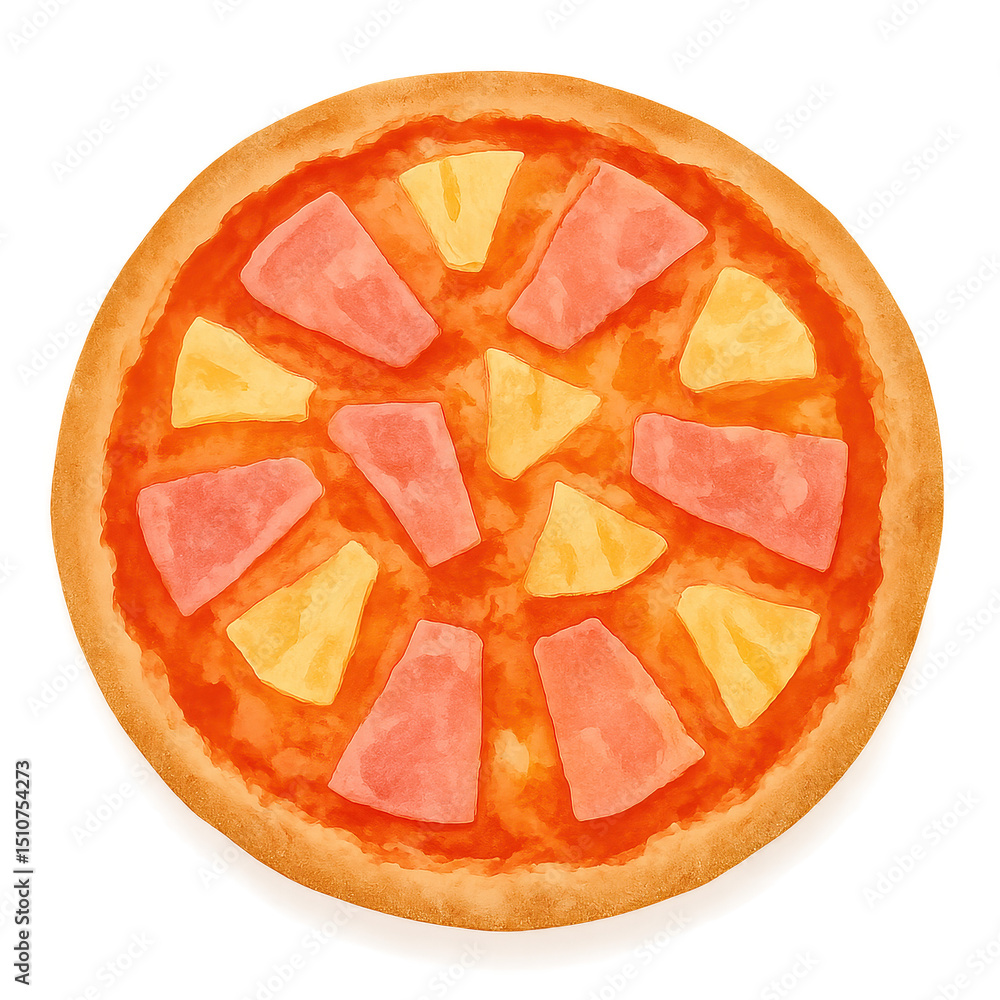 Poster watercolor style pizza with ham and pineapple slices on crispy crust creating delicious and colorful