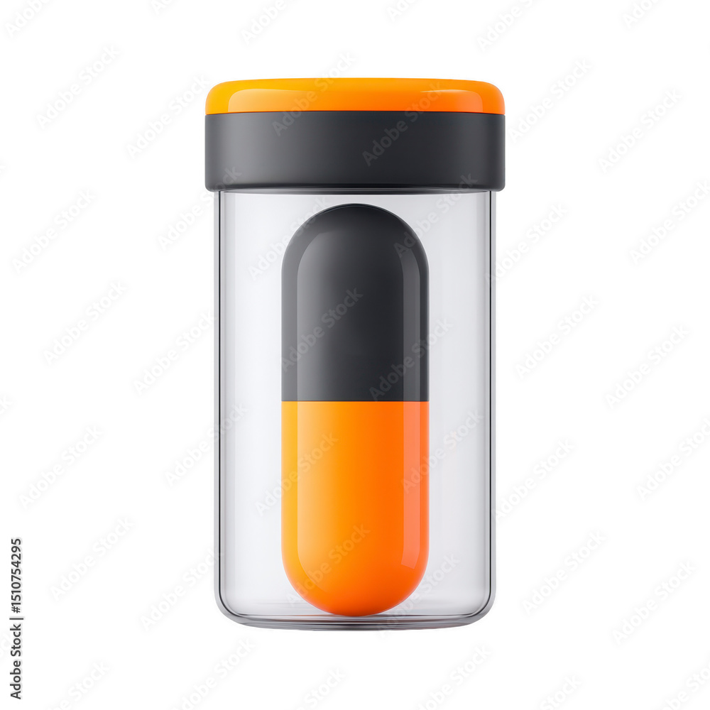 Poster transparent container with orange and black capsule inside, featuring matching orange lid, is displa