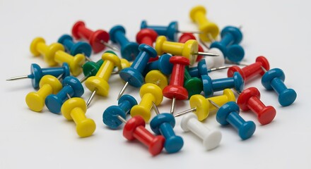 Colorful pushpins clustered on white surface