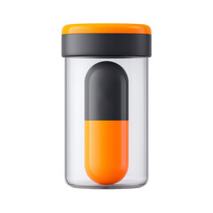 Transparent container with orange and black capsule inside, featuring matching orange lid, is displayed against transparency background. design is modern and minimalistic