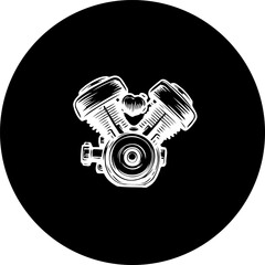 Monochrome motorcycle engine depiction within a perfect circular frame shape