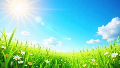 Obraz premium A vibrant summer scene featuring bright sunshine, lush green grass, and a clear blue sky, perfect for celebrating the start of the season , serenity, beautiful
