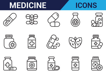Set of medical symbols including capsules, pills, and prescription bottles.