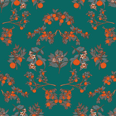 Summer lush fruit garden pattern. Botanical succulent foliage wallpaper. Folk orchard print. Crocket oriental provence illustration. Boho oranges on emerald green backdrop