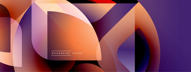 Abstract geometric shapes overlap, creating vibrant orange, purple gradients. Modern design suggests digital art, background texture.