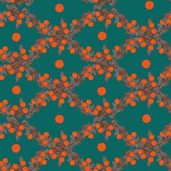 Summer orange fruits botanical pattern. Emerald green garden nature wallpaper. Folk orchard print. Provence bohemian illustration. Mediterranean oranges background