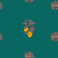 Summer fruits botanical pattern. Emerald green nature wallpaper. Folk orchard print. Provence bohemian illustration. Mediterranean lemons background