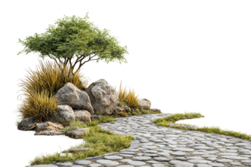 PNG Scenic stone pathway with lush greenery and rocky features