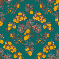 Summer lush fruit garden pattern. Botanical succulent foliage wallpaper. Folk orchard print. Crocket oriental provence illustration. Boho lemons on emerald green backdrop