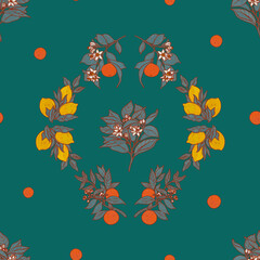 Summer lush fruit garden pattern. Botanical succulent foliage wallpaper. Folk orchard print. Crocket oriental provence illustration. Boho lemons and oranges on emerald green backdrop