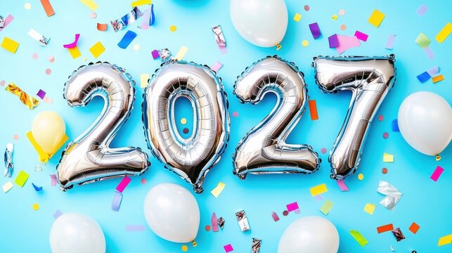 Festive celebration with 2027 balloons and vibrant decorations