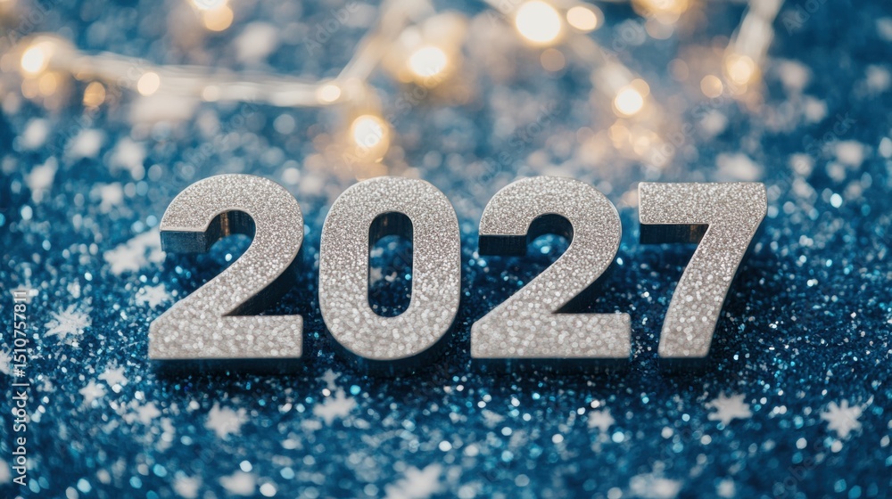 Poster sparkling numbers signify the arrival of the year 2027 with festive atmosphere