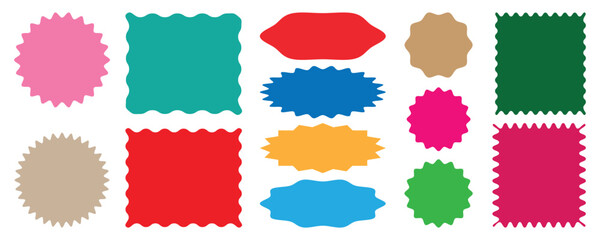 Abstract Elements for Template, Stickers, Promo Design, Collection of colourful abstract zig zag wavy frames in different shapes with space for text. Vector illustrations set isolated on white backgro