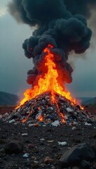 Intense flames engulfing a pile of burning plastic waste, emitting thick black smoke The scene depicts the environmental hazard of plastic pollution and uncontrolled fires , fire damage, heat
