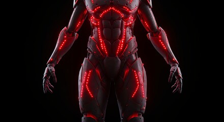 Futuristic Cyborg in Glowing Red Armor on a Black Background