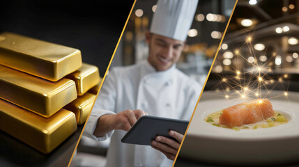 Goldbarren neben professionellem Koch beim Zubereiten von Speisen in Küche