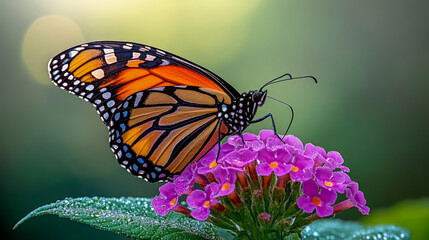 Fototapeta premium Close up monarch butterfly perched on vibrant purple flower in natural garden habitat for wildlife photography and pollinator conservation campaigns
