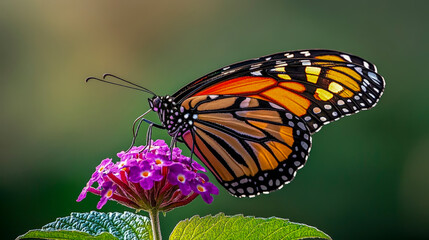Fototapeta premium Close up monarch butterfly perched on vibrant purple flower in natural garden habitat for wildlife photography and pollinator conservation campaigns