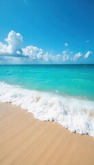 Vast, turquoise ocean waves crashing on a sandy shore under a vibrant blue sky Perfect for travel, nature, and summer themes Serenity, coastal beauty captured in stunning detail , maritime, sand
