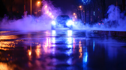 Obraz premium Dark night street, wet asphalt, neon reflection in water, smoke, smog.
